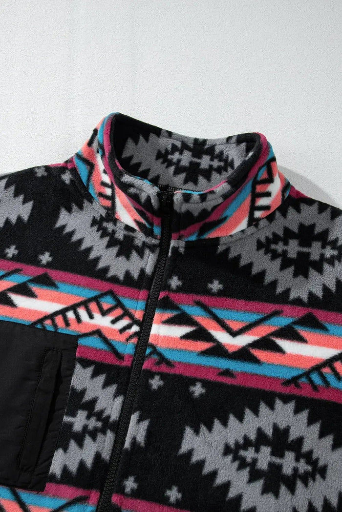 Shop Black Aztec Printed Zip Up Collar Jacket at eAura