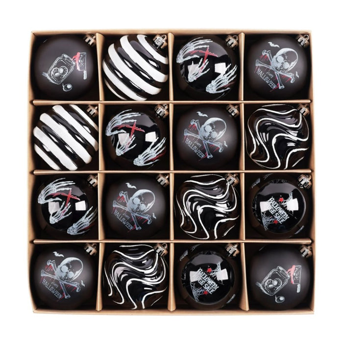 (Pre-Order) Black Gothic 16-Piece Baubles with Skulls, Skeleton Hands, Horror Prints & Striped Designs Ornament Bundle OrnamentallyYou