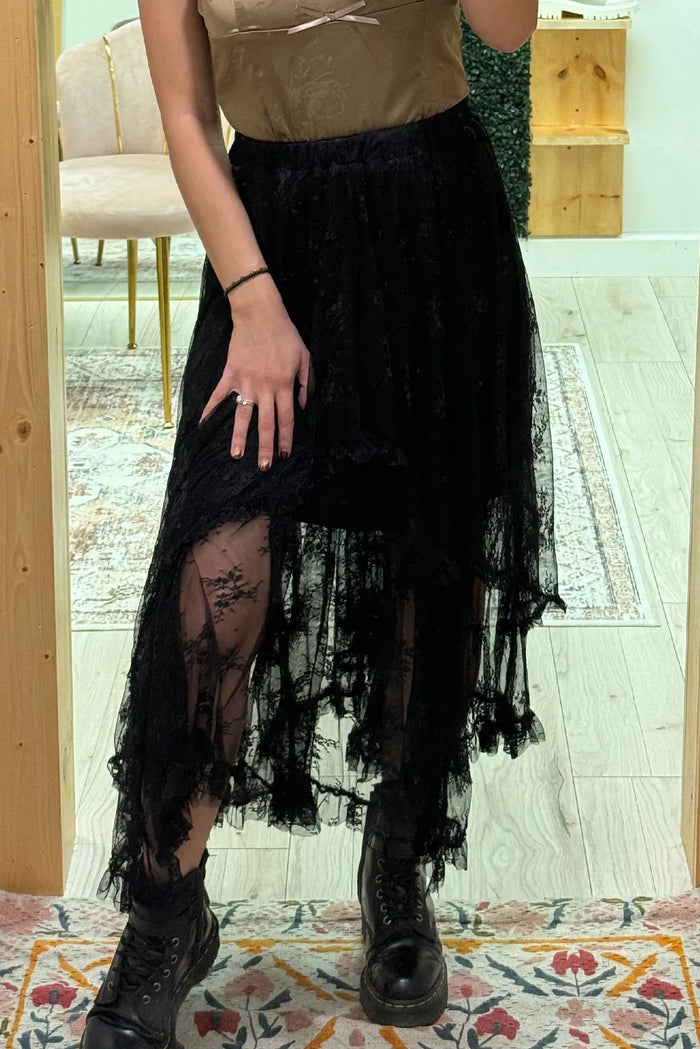 Black Lace Cascading Tiered High Waist Maxi Skirt - S / 90% Polyamide + 10% Elastane - Bottoms/Skirts & Petticoat