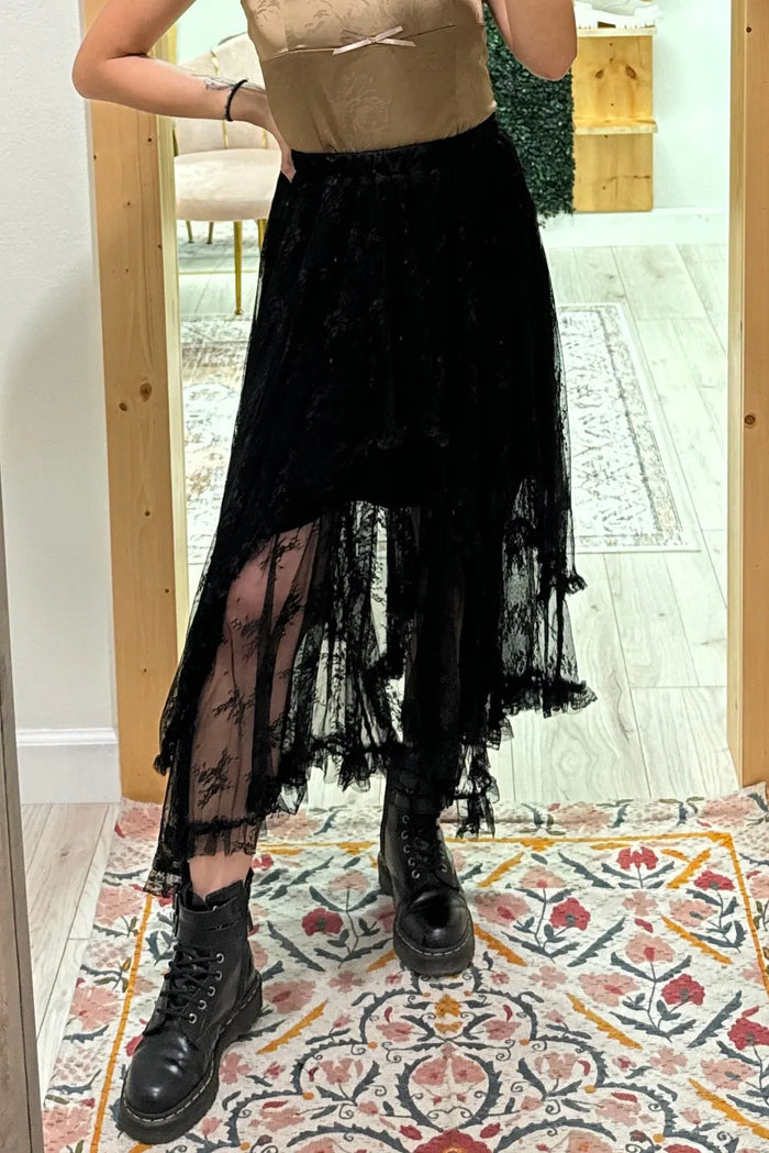 Black Lace Cascading Tiered High Waist Maxi Skirt - Bottoms/Skirts & Petticoat
