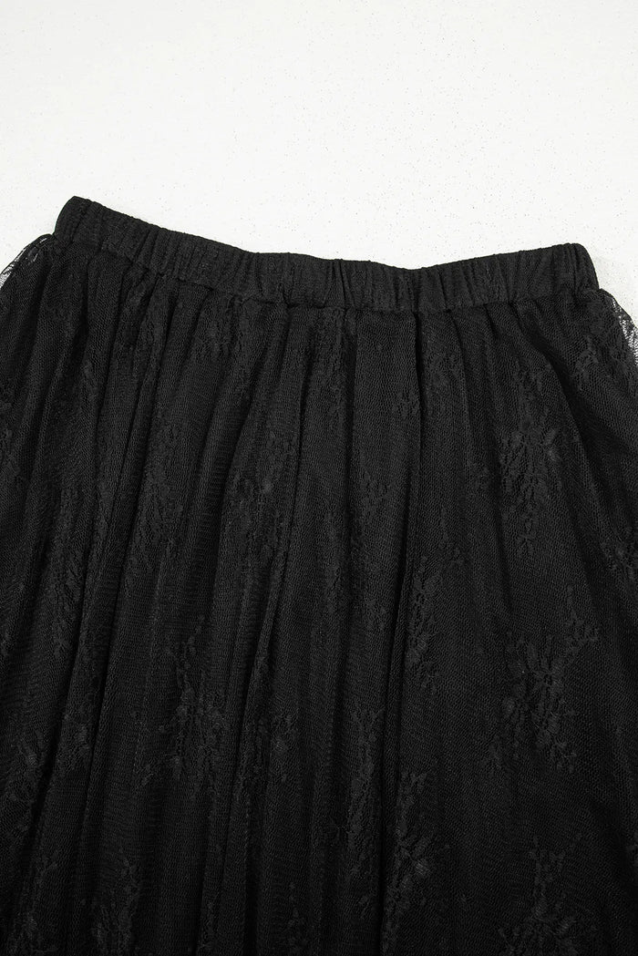 Black Lace Cascading Tiered High Waist Maxi Skirt - Bottoms/Skirts & Petticoat