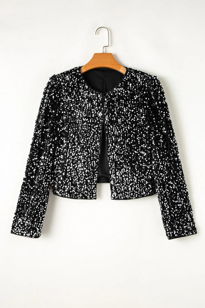 Black Sequined Open Front Cropped Jacket - Occasionwear/Jackets
