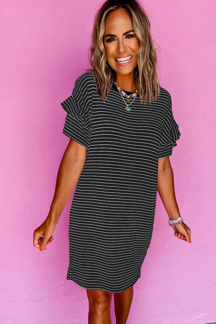 Black Stripe Ruffled Short Sleeve Crew Neck T Shirt Shift Mini Dress - Dresses/T Dresses