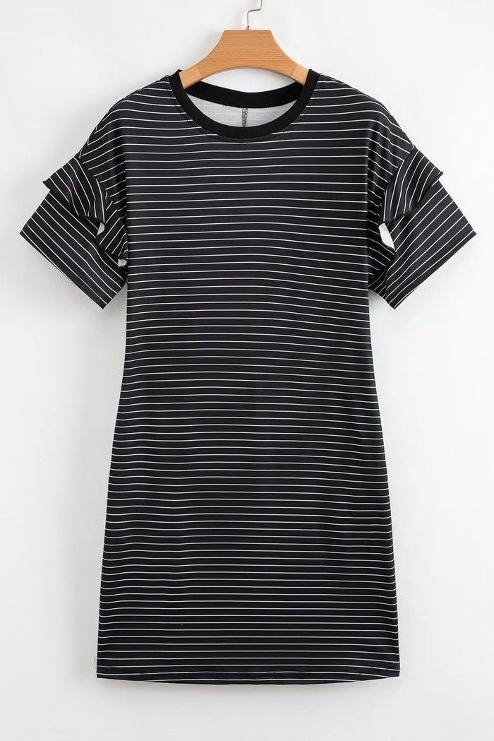 Black Stripe Ruffled Short Sleeve Crew Neck T Shirt Shift Mini Dress - Dresses/T Dresses