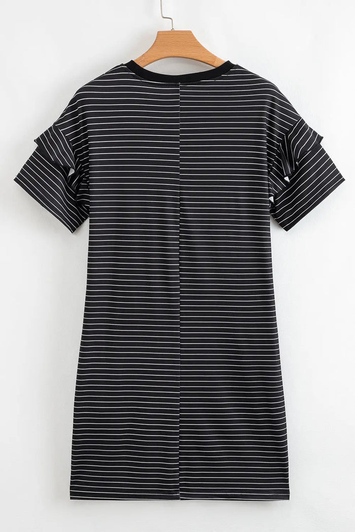 Black Stripe Ruffled Short Sleeve Crew Neck T Shirt Shift Mini Dress - Dresses/T Dresses
