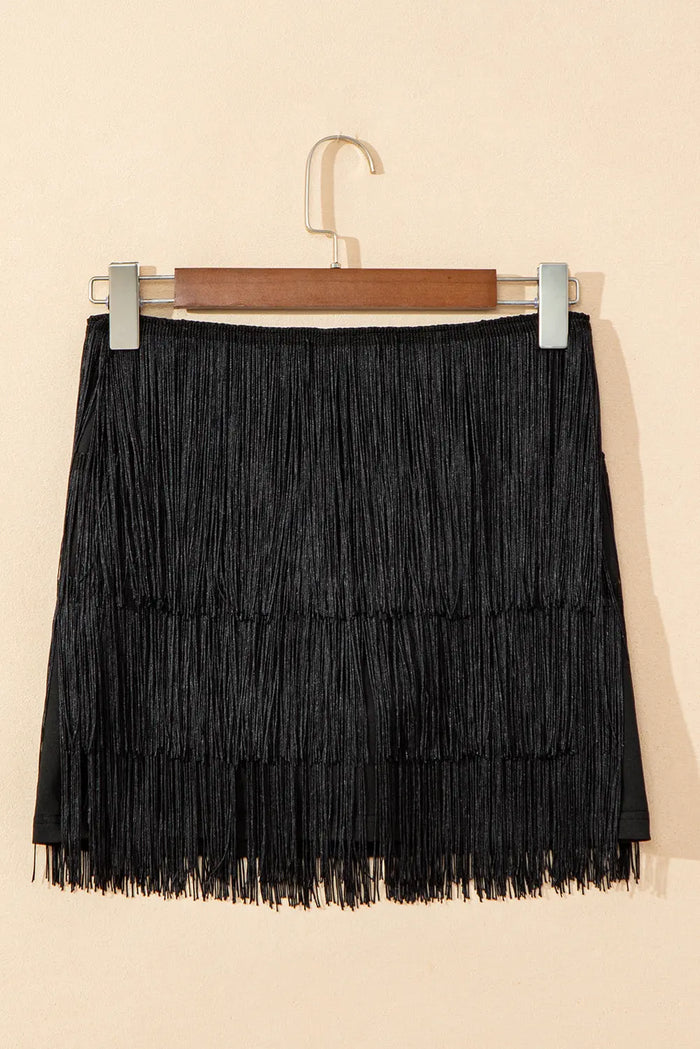 Black Tiered Fringe Trimmed Mini Skirt - Bottoms/Skirts & Petticoat