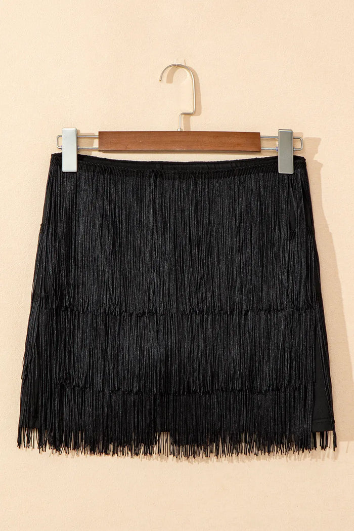 Black Tiered Fringe Trimmed Mini Skirt - Bottoms/Skirts & Petticoat
