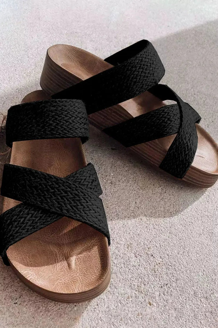 Black Woven Criss Cross Strap Platform Slides Sandals - Shoes/Sandals