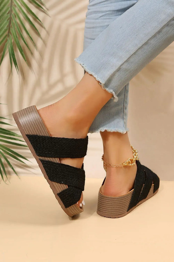 Black Woven Criss Cross Strap Platform Slides Sandals - Shoes/Sandals
