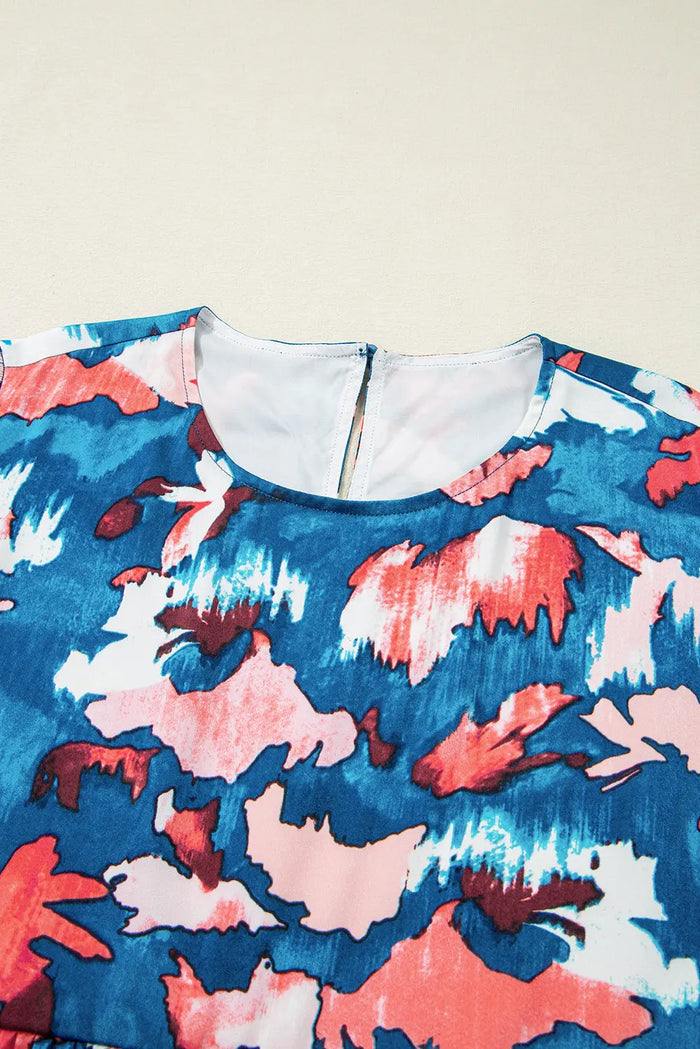 Blue Abstract Print Shirred Ruffled Short Sleeve Tiered Plus Size Mini Dress - Size/Plus Dresses/Plus Dresses