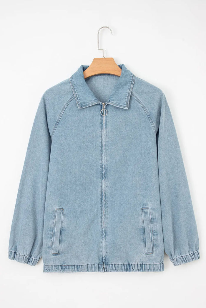 Blue Elastic Edge Collared Zip Up Denim Jacket With Pocket - Outerwear/Denim jackets