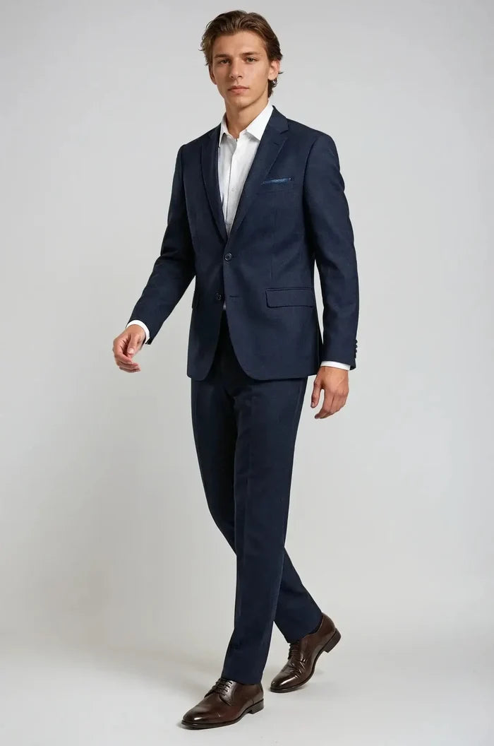 Blutailor Navy Blazer Set – Wool Blend Reception Suit – a sophisticated navy ensemble crafted in a premium wool blend, featuring a bespoke tailored blazer and matching trousers for a sharp, refined silhouette ideal for reception and formal occasions.