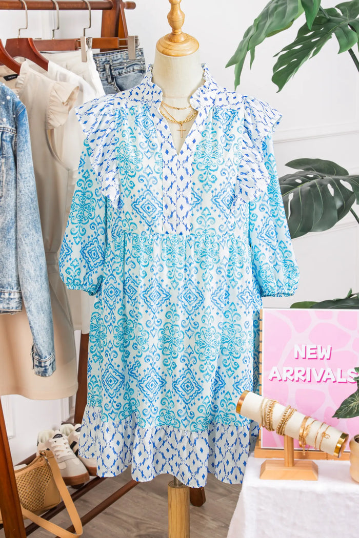 Boho Floral Geometric Patchwork Ruffle Puff Sleeve Mini Dress