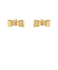 Gold-tone bow stud earrings with a cubic zirconia crystal accent on a white background from The Pink Doxie Boutique.