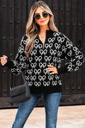 Bow Pattern Drop Shoulder Zipped Collar Sweater - Black / S - Sweaters & Cardigans/Sweaters