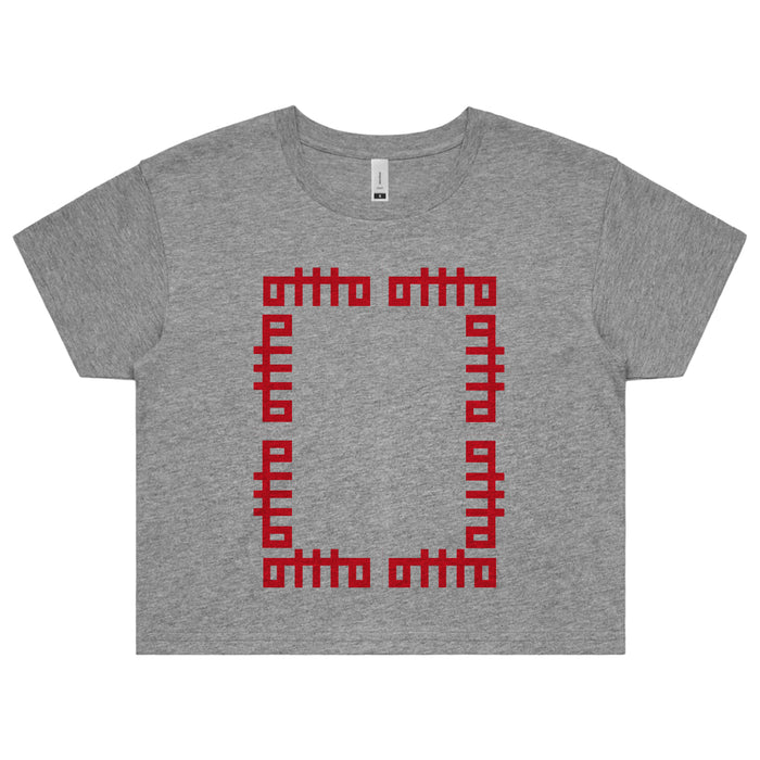 A gray OTTTO short-sleeve t-shirt features a red "otto" geometric square pattern on the front, crafted with high-quality materials for comfort and style.