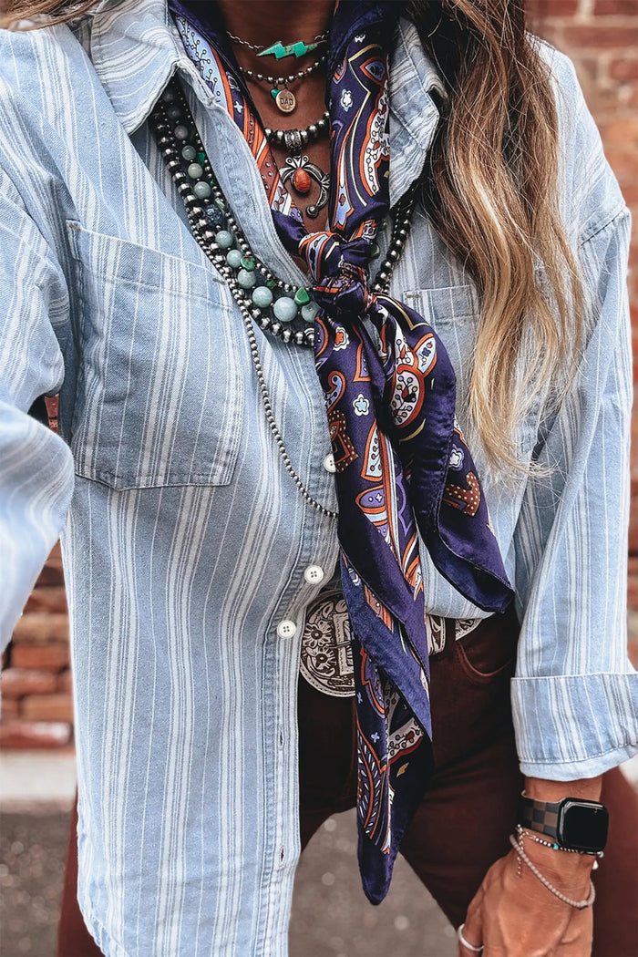 Boyfriend Chest Pocket Classic Denim Shacket – Sky Blue Stripe