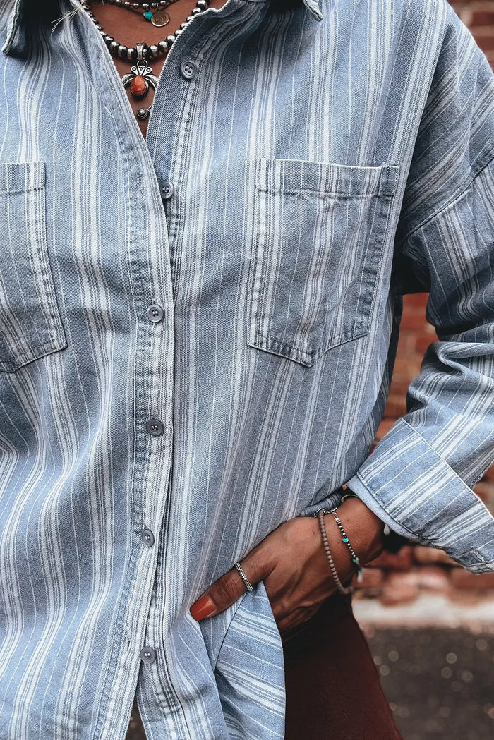 Boyfriend Chest Pocket Classic Denim Shacket – Sky Blue Stripe