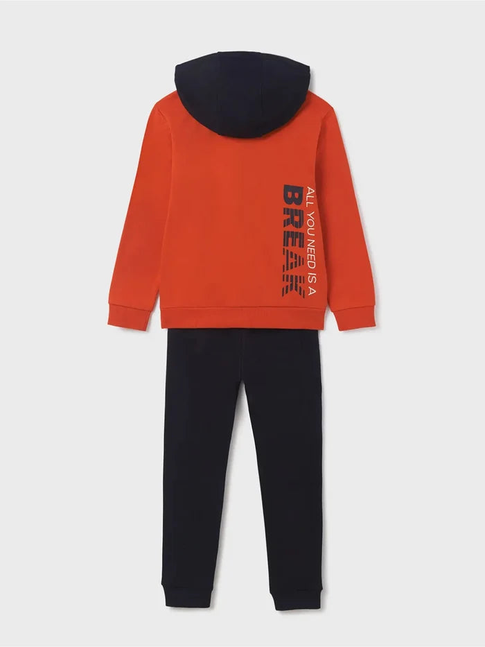 Back view of Oxido-orange Mayoral hoodie and navy jogger tracksuit