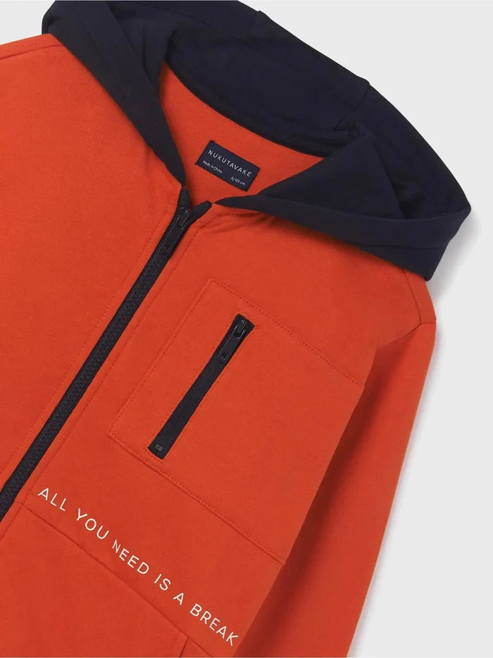 Close view of the Oxido orange Mayoral hoodie with contrast navy hood and zippered chest pocket