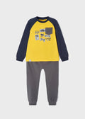 Front view of the Mayoral boys’ Oro print pajama set with game graphic top and pants