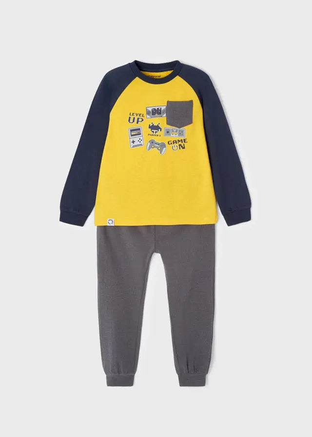 Front view of the Mayoral boys’ Oro print pajama set with game graphic top and pants