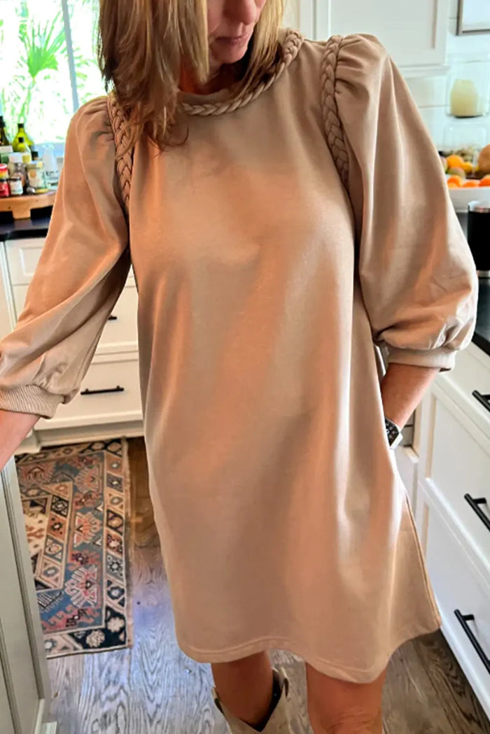 Braided Trim Puff Sleeve Dress - Beige / S - Dresses/T Shirt Dresses