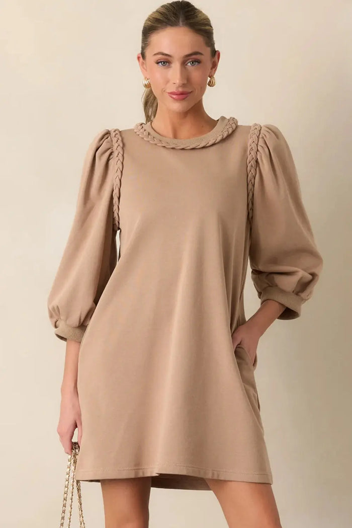 Braided Trim Puff Sleeve Dress - Dresses/T Shirt Dresses