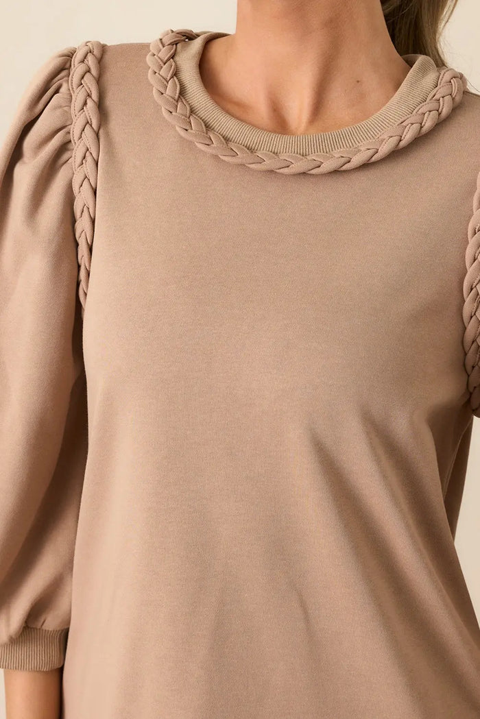 Braided Trim Puff Sleeve Dress - Dresses/T Shirt Dresses