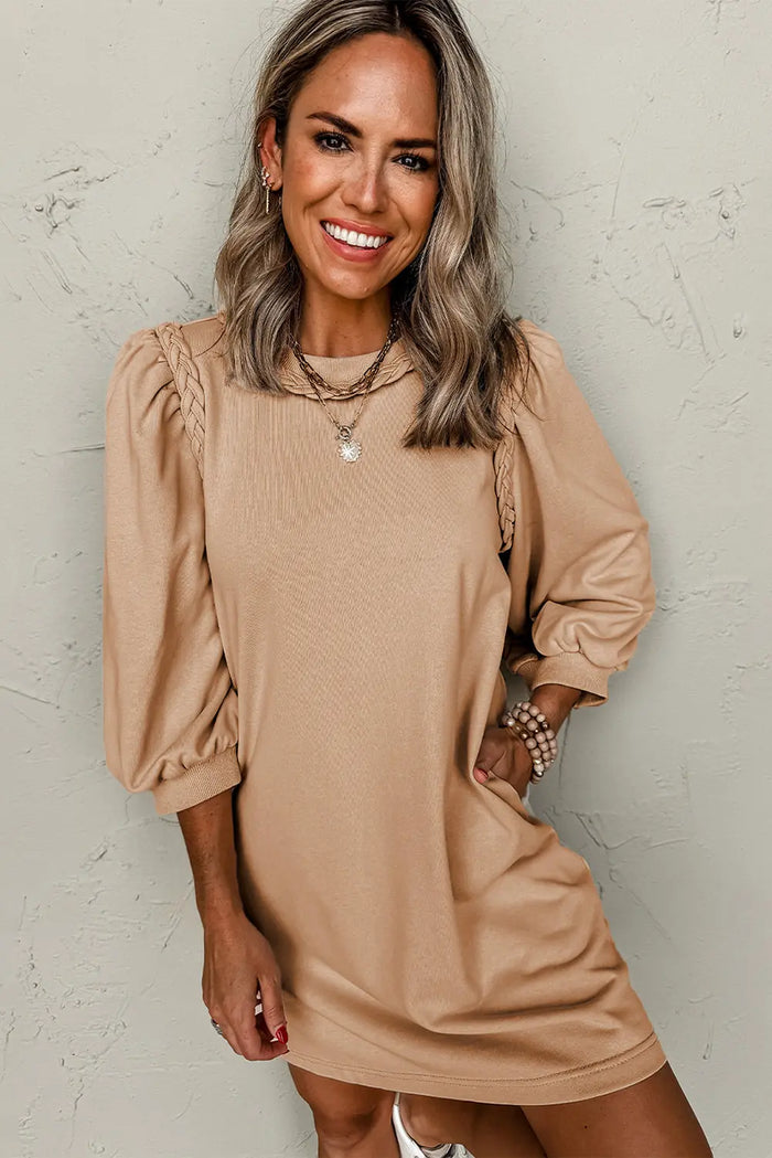 Braided Trim Puff Sleeve Dress - Dresses/T Shirt Dresses
