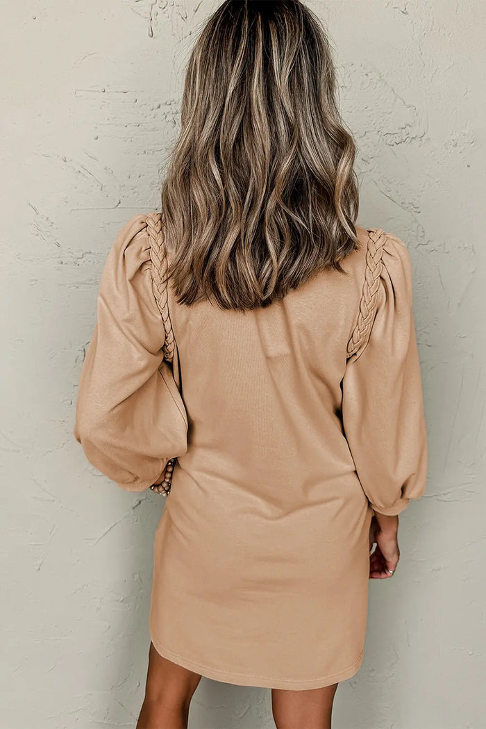 Braided Trim Puff Sleeve Dress - Dresses/T Shirt Dresses