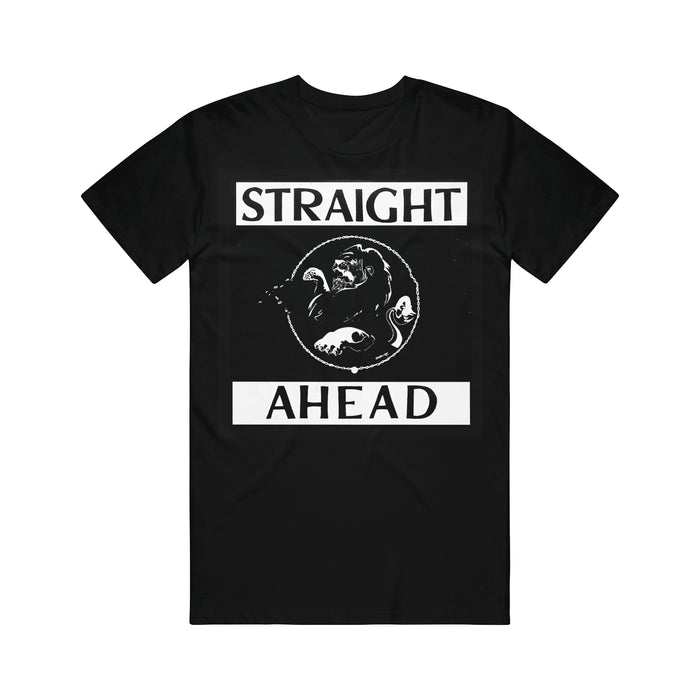 The Straight Ahead black Gildan Heavy Cotton t-shirt features bold white "STRAIGHT AHEAD" text above and below a circular graphic of three aggressive fish. Available now for presale.