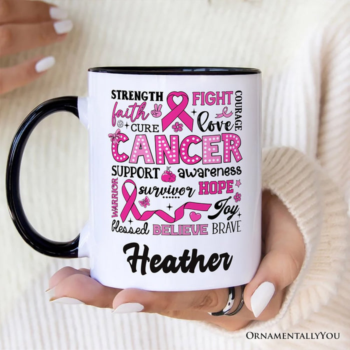 Breast Cancer Awareness Ribbon Personalized Mug, In October We Wear Pink Support Gift with Custom Name Personalized Ceramic Mug OrnamentallyYou