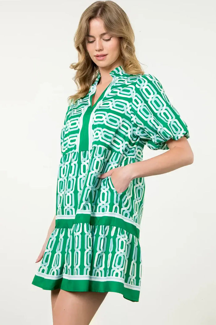 Bright Green Abstract Patterned V Neck Puff Short Sleeve Mini Dress - Dresses/Mini Dresses