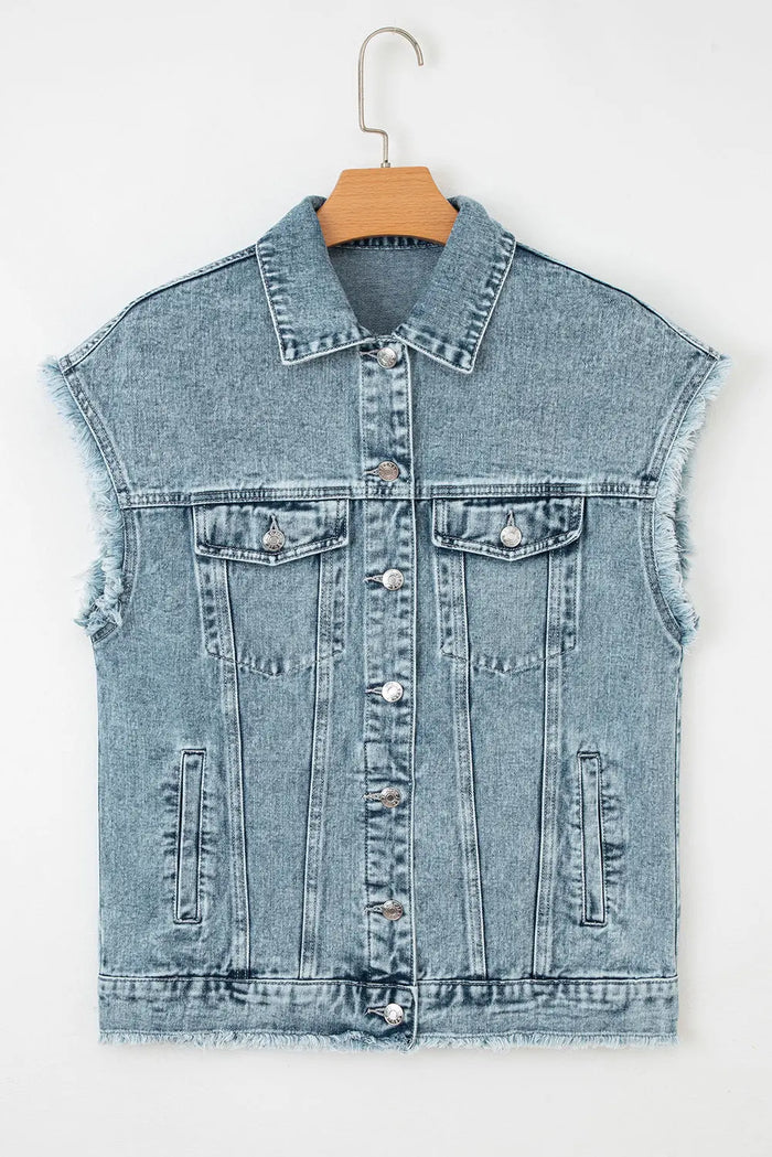 Button Flap Pocket Frayed Detail Denim Vest - Outerwear/Vests