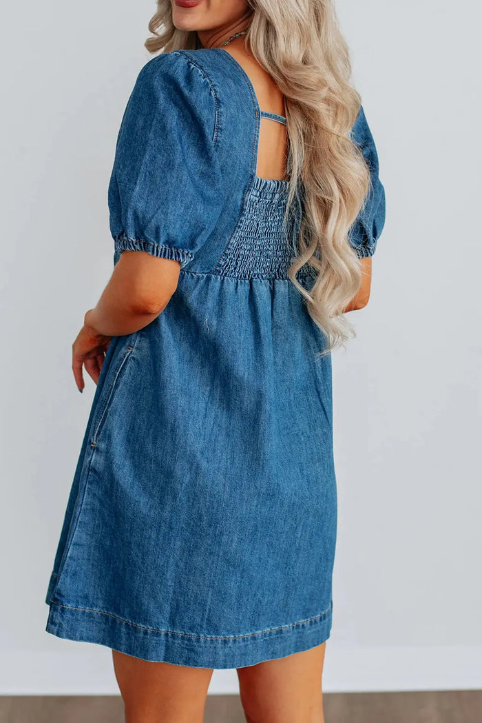 Button Square Neck Short Puff Sleeve Denim Mini Dress