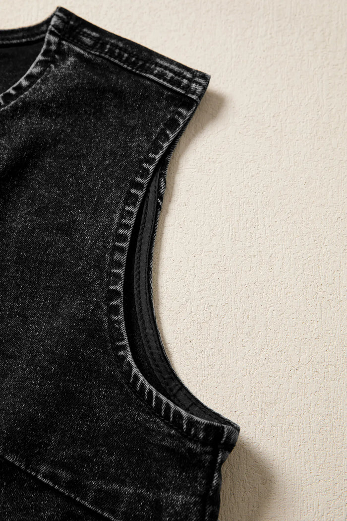 Buttoned Front Slit Denim Vest – Black
