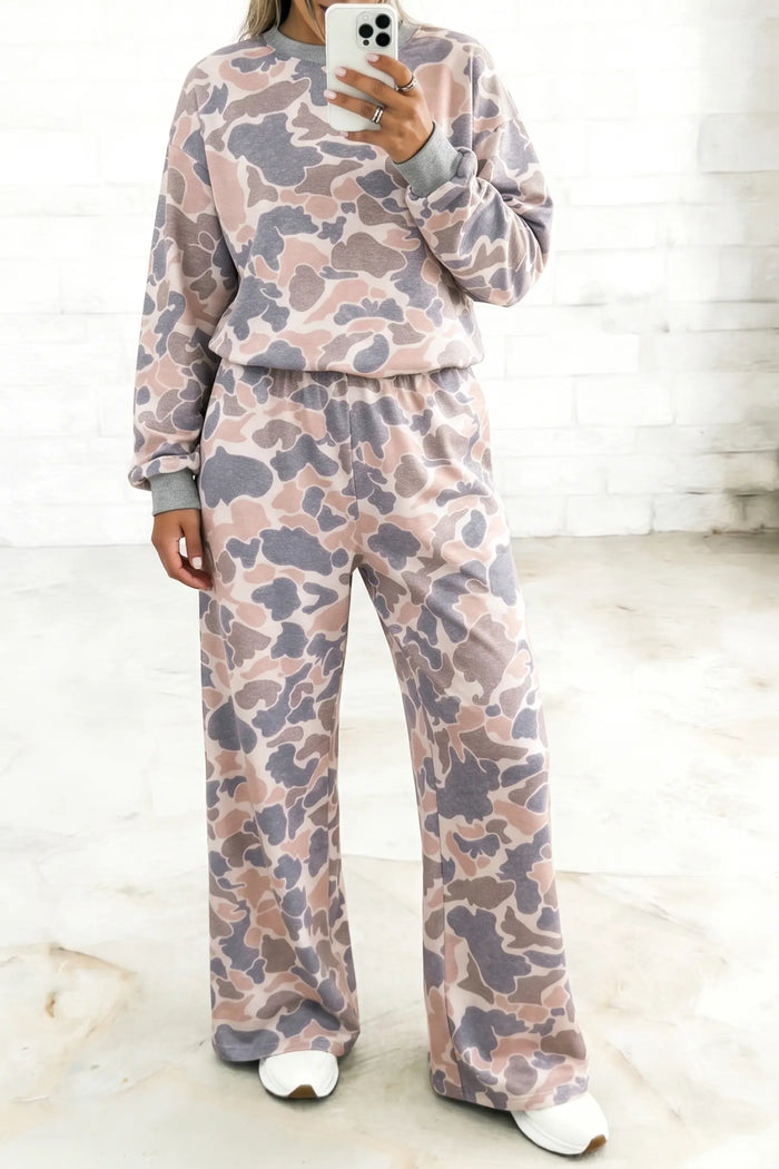 Camouflage Print Long Sleeve Top Loose 2pcs Pants Set – Multicolour