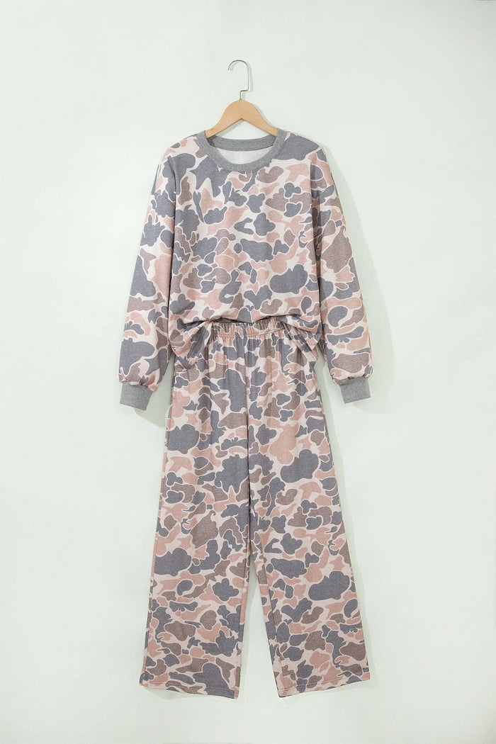 Camouflage Print Long Sleeve Top Loose 2pcs Pants Set – Multicolour