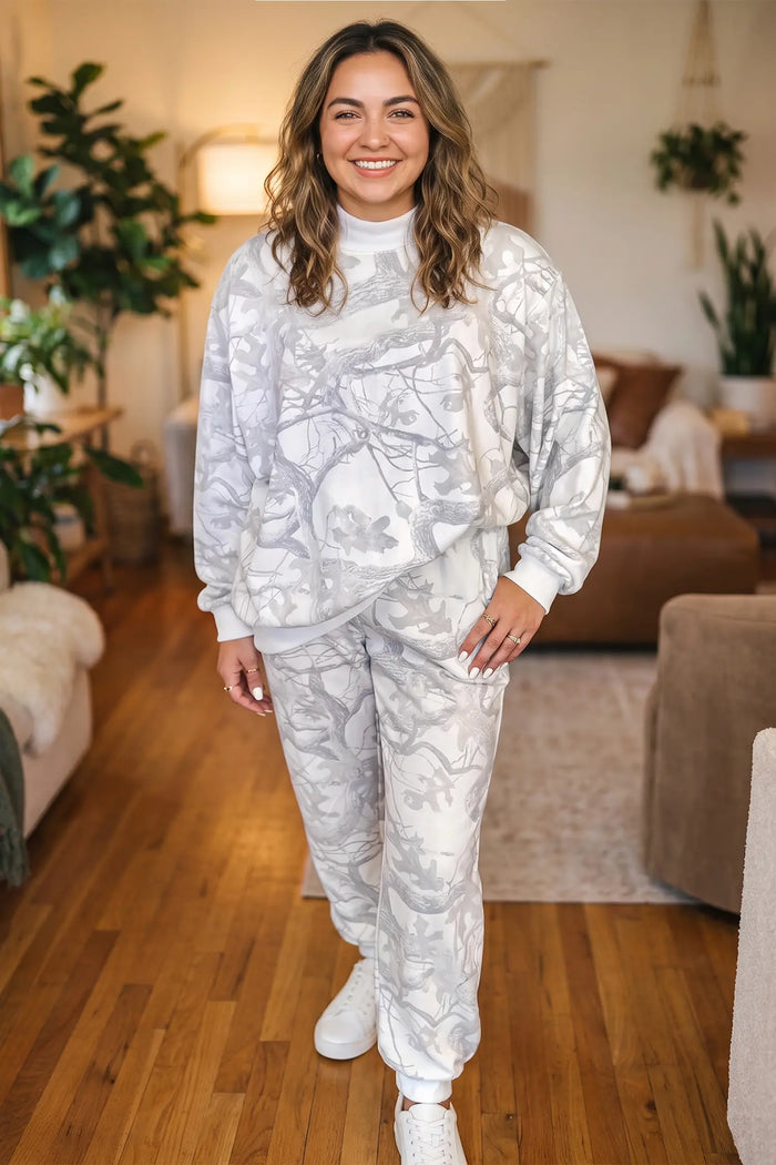 Camouflage Print Stand Neck Long Sleeve Regular Fit Plus Size Set – Gray
