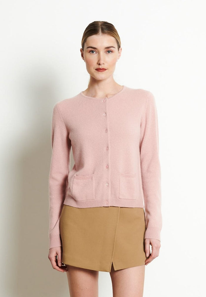 LILLY 4 Cardigan col rond en cachemire cintré rose poudré