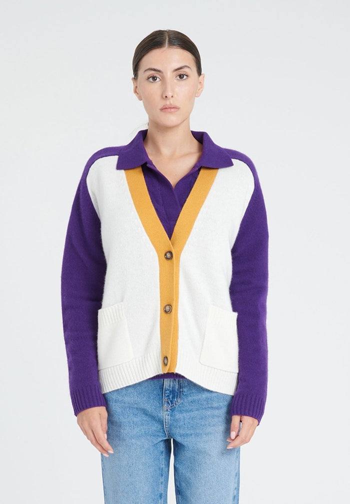 ZAYA 16 Cardigan col V color block en cachemire 4 fils multi - couleur