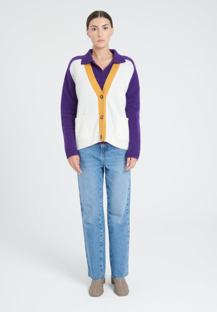 ZAYA 16 Cardigan col V color block en cachemire 4 fils multi - couleur