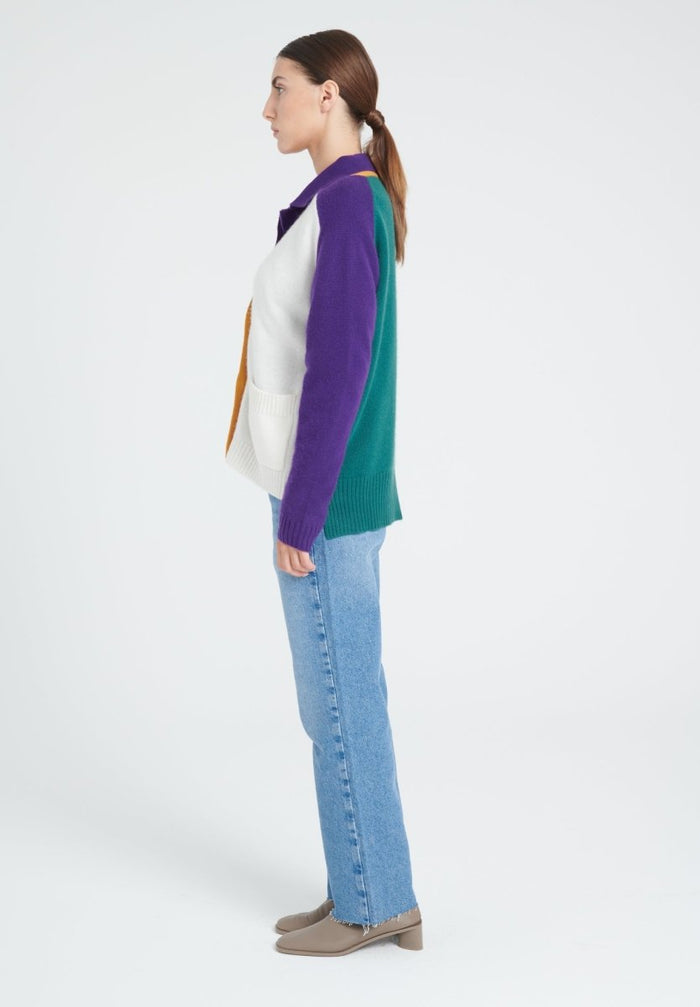 ZAYA 16 Cardigan col V color block en cachemire 4 fils multi - couleur