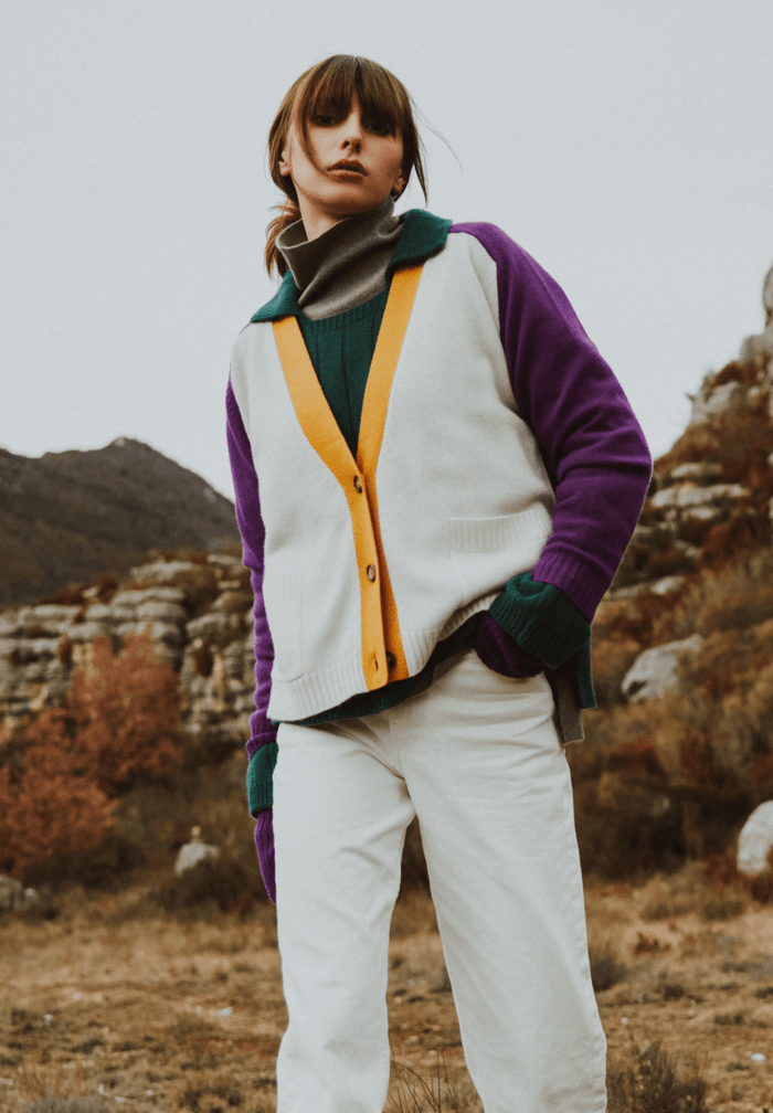 ZAYA 16 Cardigan col V color block en cachemire 4 fils multi - couleur
