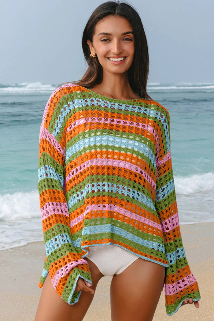 Carrot Multi Stripe Open Knit Sweater Beach Cover Up - S / 100% Acrylic - Swimwear/Beach Cover-ups