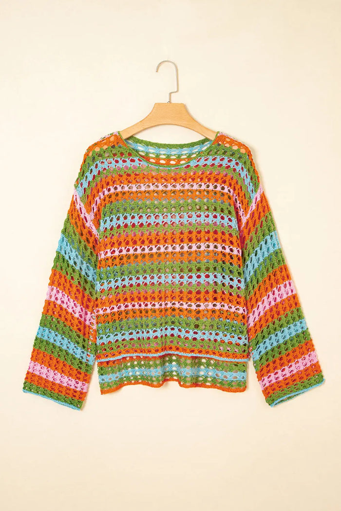 Carrot Multi Stripe Open Knit Sweater Beach Cover Up - Swimwear/Beach Cover-ups