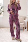 Casual Long Sleeve Top Drawstring Pant Set – Pink Stripe