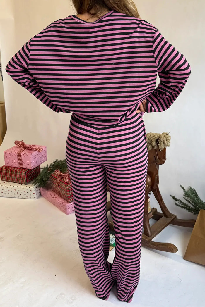 Casual Long Sleeve Top Drawstring Pant Set – Pink Stripe