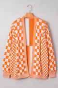 Checkered Bubble Sleeve Drop Shoulder Open Cardigan - Orange / 1X - Plus Size/Plus Size Sweaters & Cardigans
